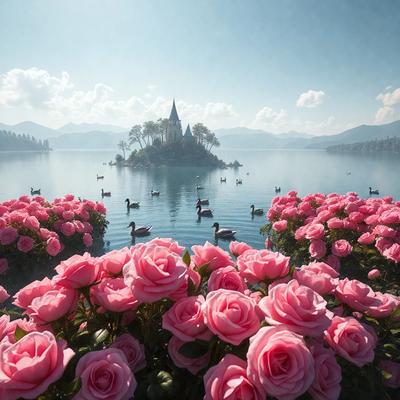 The primary subject of the image is a beautiful garden with a variety of pink flowers. The setting is a serene lake, providing a picturesque backdrop for the flowers. The visual style of the image is a combination of photo and digital art, creating a realistic yet artistic representation of the scene. The dominant colors in the image are pink, which gives the flowers a delicate and romantic appearance. The overall atmosphere of the image is one of tranquility and natural beauty.